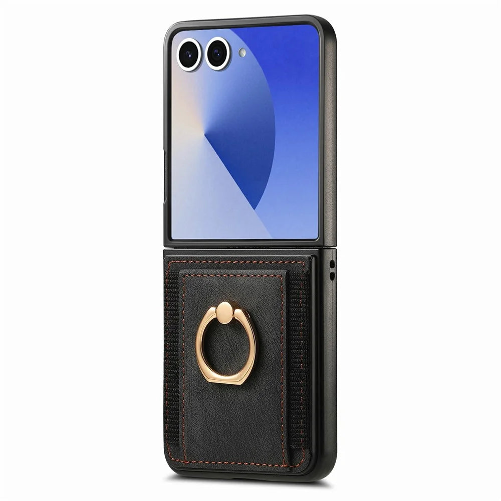 For Samsung Galaxy Z Flip8 Case Card Holder Retro Leather + PC Phone Cover with Ring Kickstand - Black - 2