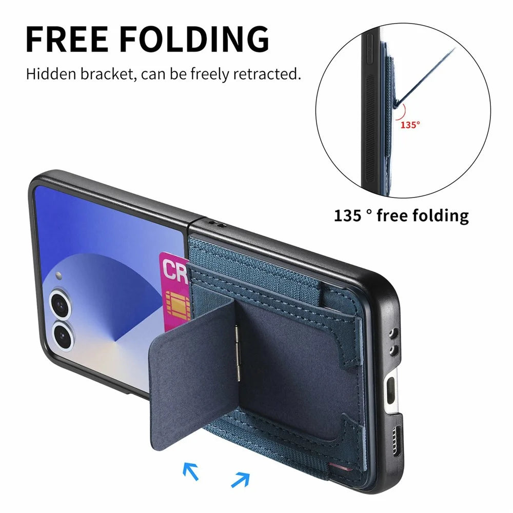 For Samsung Galaxy Z Flip8 Case Kickstand Retro Leather Back Cover with Card Holder - Blue - 5