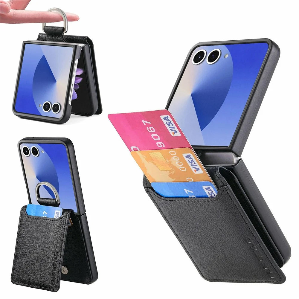 For Samsung Galaxy Z Flip8 Case Card Holder Kickstand PU + PC Phone Cover with Finger Ring - Black - 1