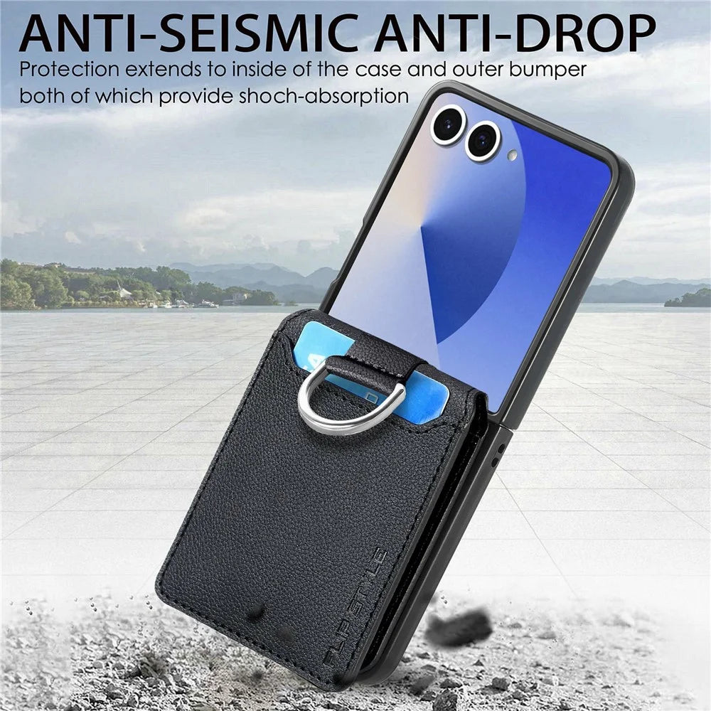 For Samsung Galaxy Z Flip8 Case Card Holder Kickstand PU + PC Phone Cover with Finger Ring - Black - 7