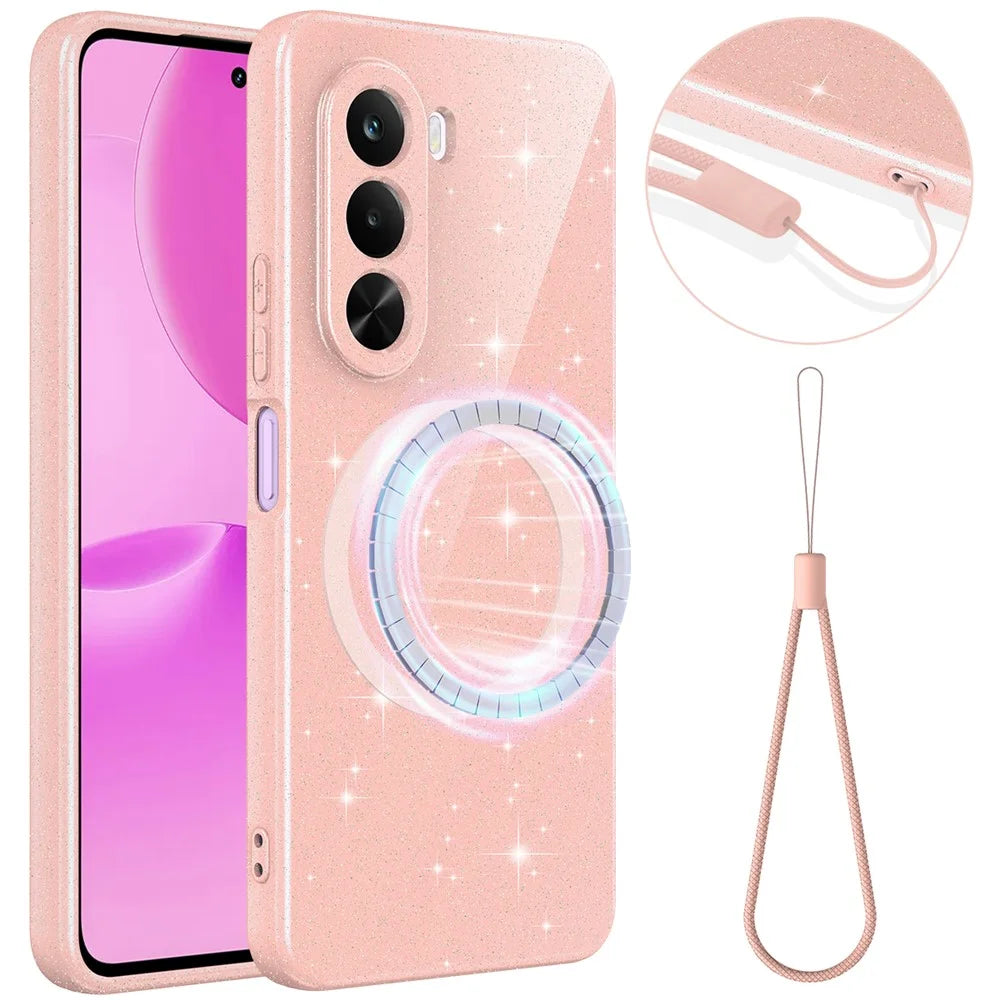 For OnePlus Nord CE6 Lite 5G  /  Realme P4x 5G Magnetic Case Glitter TPU Shockproof Phone Cover with Lanyard - Pink - 1