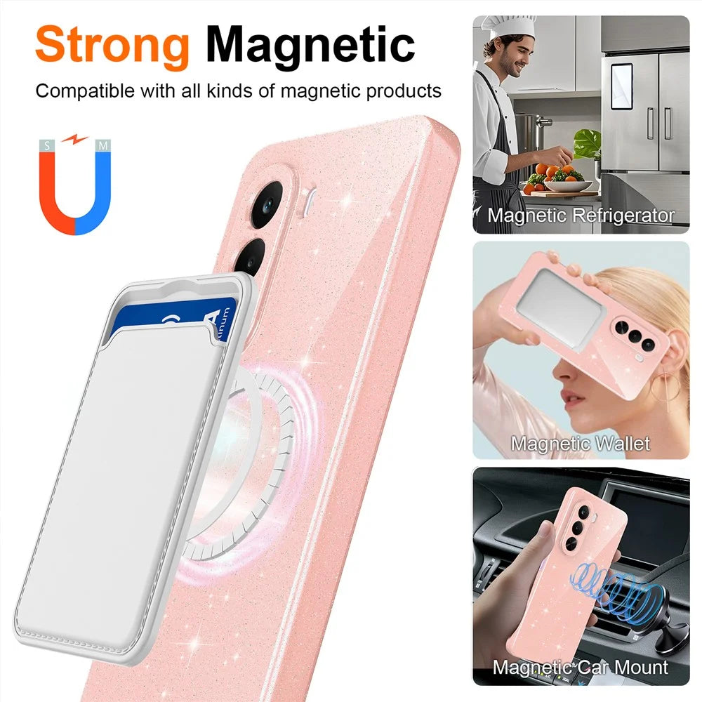 For OnePlus Nord CE6 Lite 5G  /  Realme P4x 5G Magnetic Case Glitter TPU Shockproof Phone Cover with Lanyard - Pink - 4