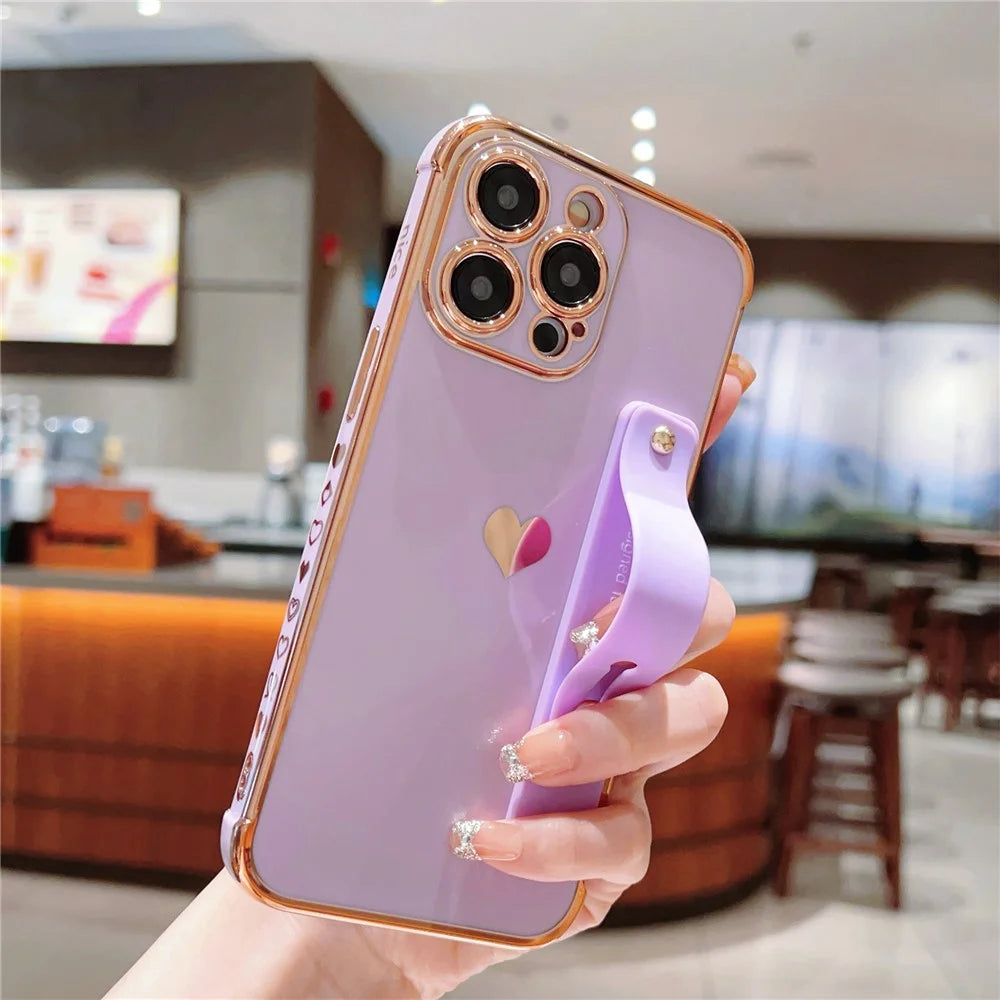 For iPhone 15 Pro Max Case with Strip Kickstand Electroplating Edge Love Heart Soft TPU Phone Cover - Purple - 3