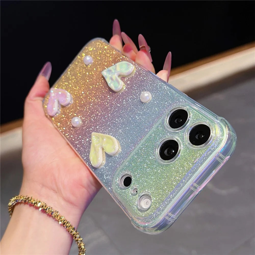 For iPhone 17 Pro Max Case Heart Decor Clear TPU Phone Cover with Colorful Gradient Glitter Paper - Iridescent Gold - 2