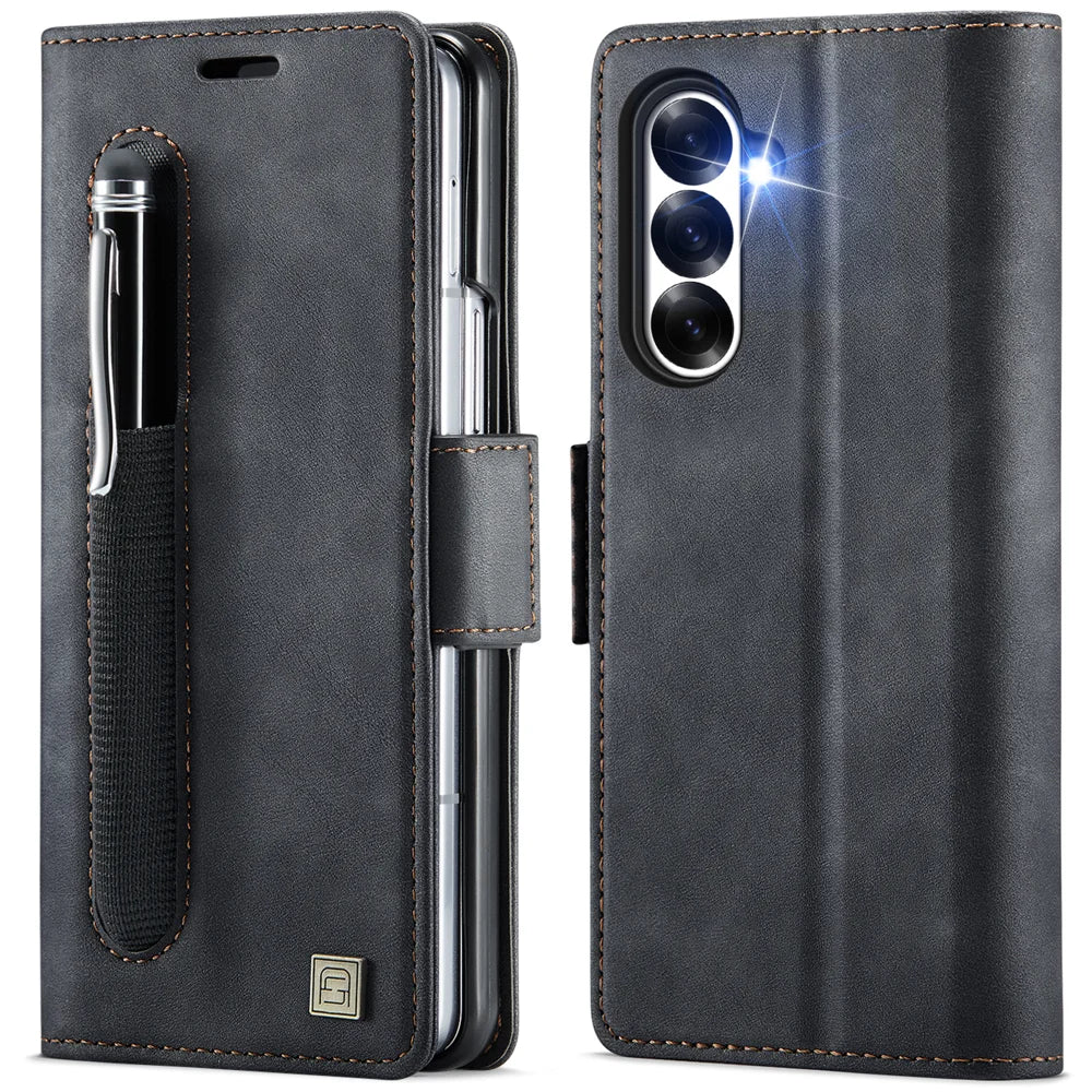 AUTSPACE for Samsung Galaxy Z Fold7 5G A11 Case RFID Blocking Retro Leather Cell Phone Wallet Cover - Black - 1