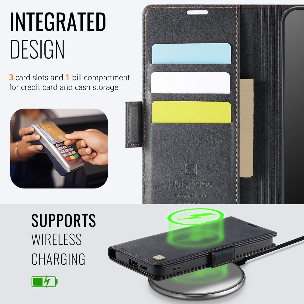 AUTSPACE for Samsung Galaxy S26+ A11 Case RFID Blocking Retro Leather Cell Phone Wallet Cover - Black - 5