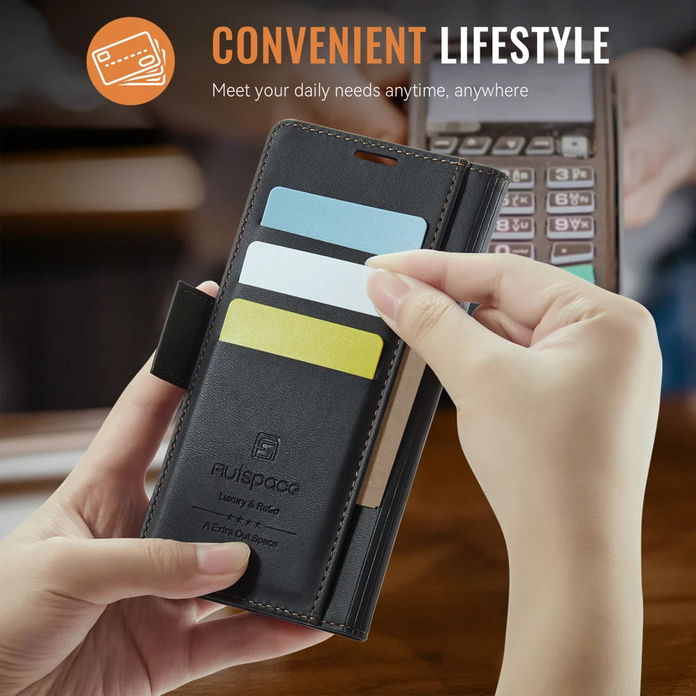 AUTSPACE for Samsung Galaxy S26+ A11 Case RFID Blocking Retro Leather Cell Phone Wallet Cover - Black - 7