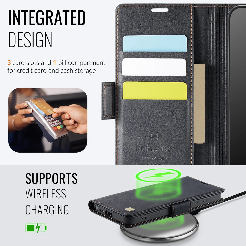 AUTSPACE for Samsung Galaxy S26 Ultra A11 Case RFID Blocking Retro Leather Cell Phone Wallet Cover - Black - 5