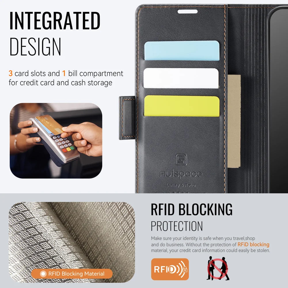 AUTSPACE for Samsung Galaxy A27 5G A11 Case RFID Blocking Retro Leather Cell Phone Wallet Cover - Black - 5
