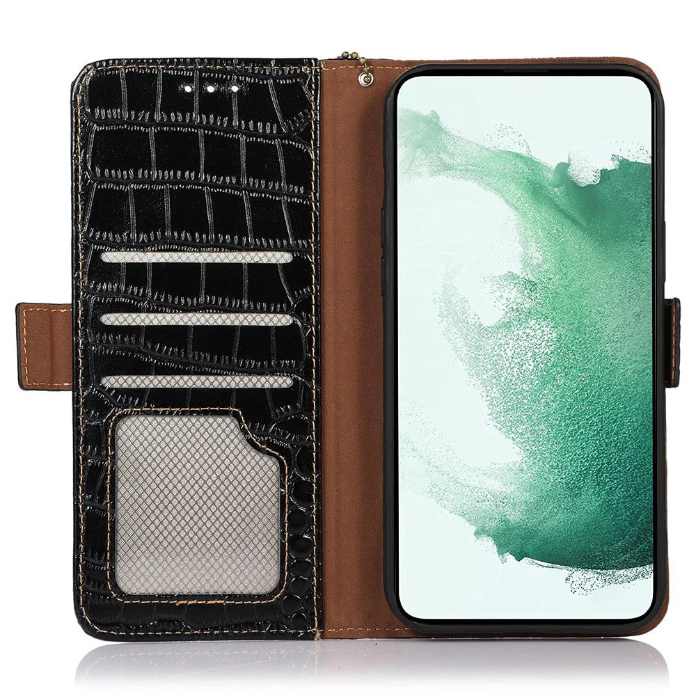 For Samsung Galaxy A34 5G RFID Blocking Book Style Phone Case Crocodile Texture Genuine Cowhide Leather Wallet Stand Anti-scratch Phone Cover - Black - 4
