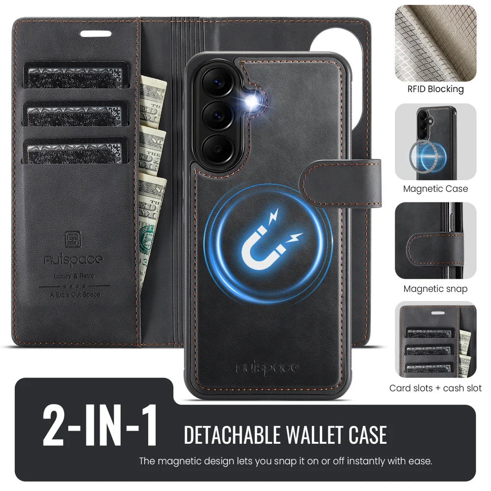 AUTSPACE for Samsung Galaxy A56 5G A05 Case Wallet Stand Detachable Leather Magnetic Phone Cover - Black - 2