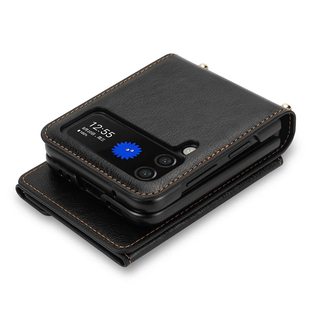 N.BEKUS PU Leather Coated PC Case for Samsung Galaxy Z Flip4 5G, Card Slots Holder Zipper Pocket Protective Back Cover with Shoulder Strap - Black - 6