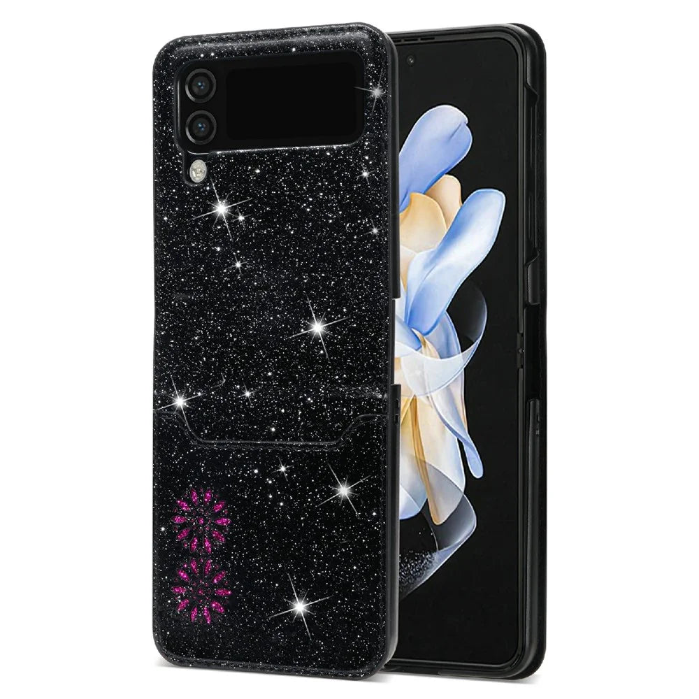 For Samsung Galaxy Z Flip4 5G Card Slot Design Laser Carving Glittery Starry Style PU Leather Coated Hard PC Case Back Cover - Black - 1