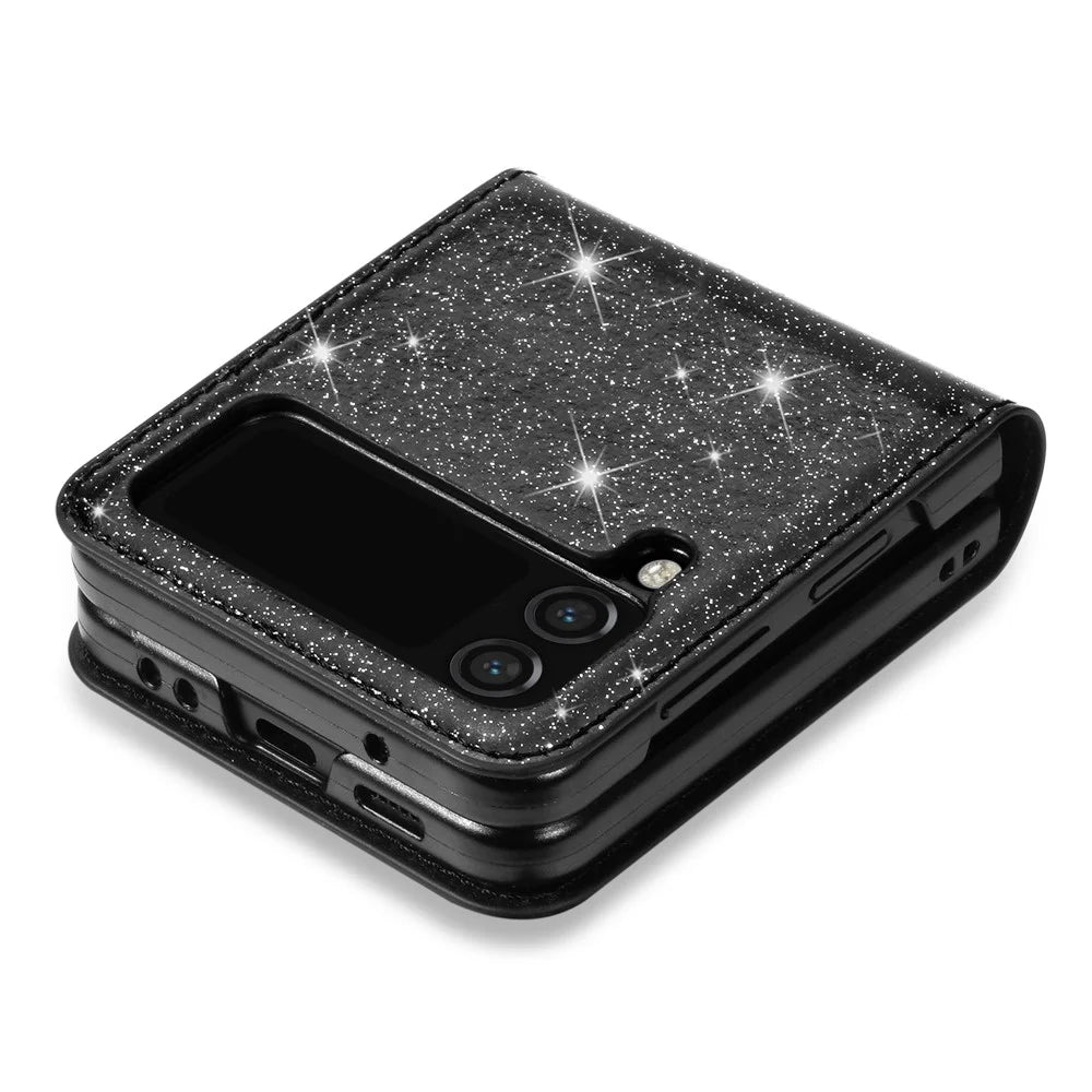 For Samsung Galaxy Z Flip4 5G Card Slot Design Laser Carving Glittery Starry Style PU Leather Coated Hard PC Case Back Cover - Black - 4