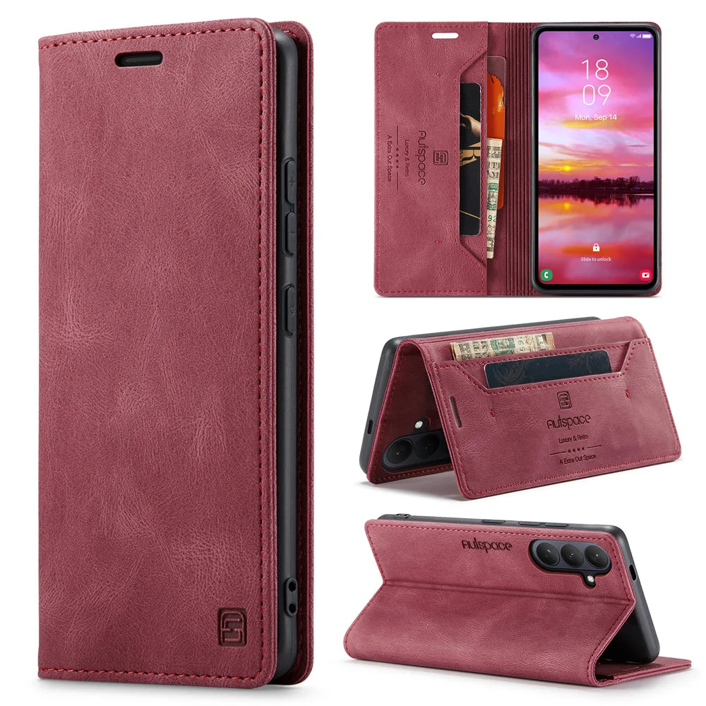 AUTSPACE for Samsung Galaxy S26 Wallet Case  A01 Leather Stand Cover with RFID Blocking Card Holder - Wine Red - 1