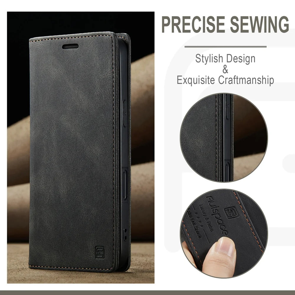 AUTSPACE for iPhone 17 Wallet Case  A01 Leather Stand Cover with RFID Blocking Card Holder - Black - 4