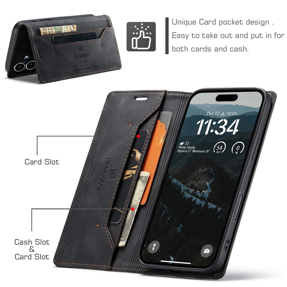 AUTSPACE for iPhone 17 Wallet Case  A01 Leather Stand Cover with RFID Blocking Card Holder - Black - 7