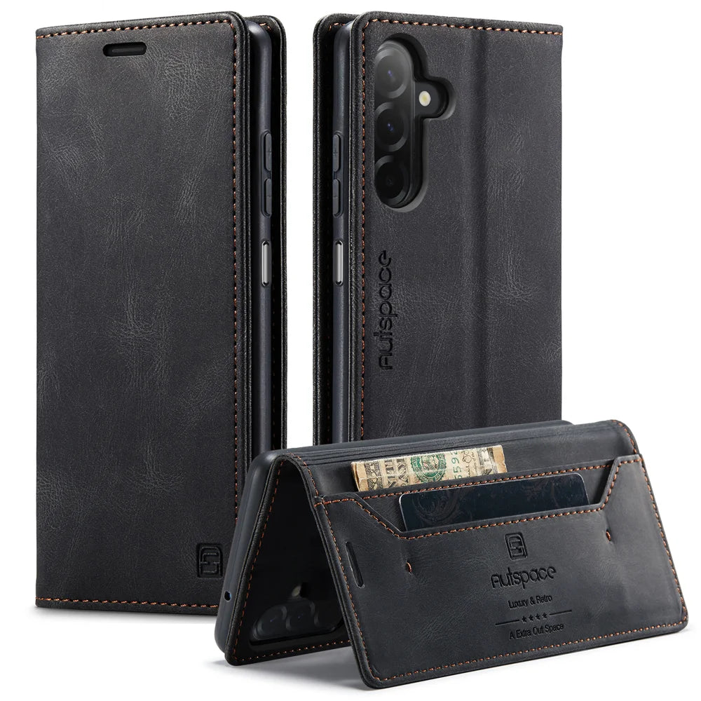 AUTSPACE for Samsung Galaxy A18 5G / A18 4G / A17 5G / A17 4G / A26 5G Wallet Case  A01 Leather Stand Cover with RFID Blocking Card Holder - Black - 1