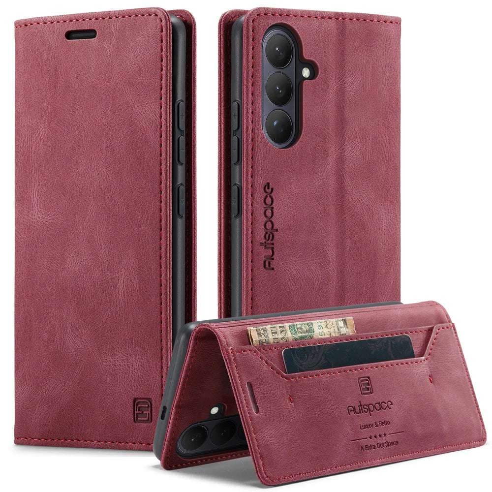 AUTSPACE for Samsung Galaxy S26+ Wallet Case  A01 Leather Stand Cover with RFID Blocking Card Holder - Wine Red - 1
