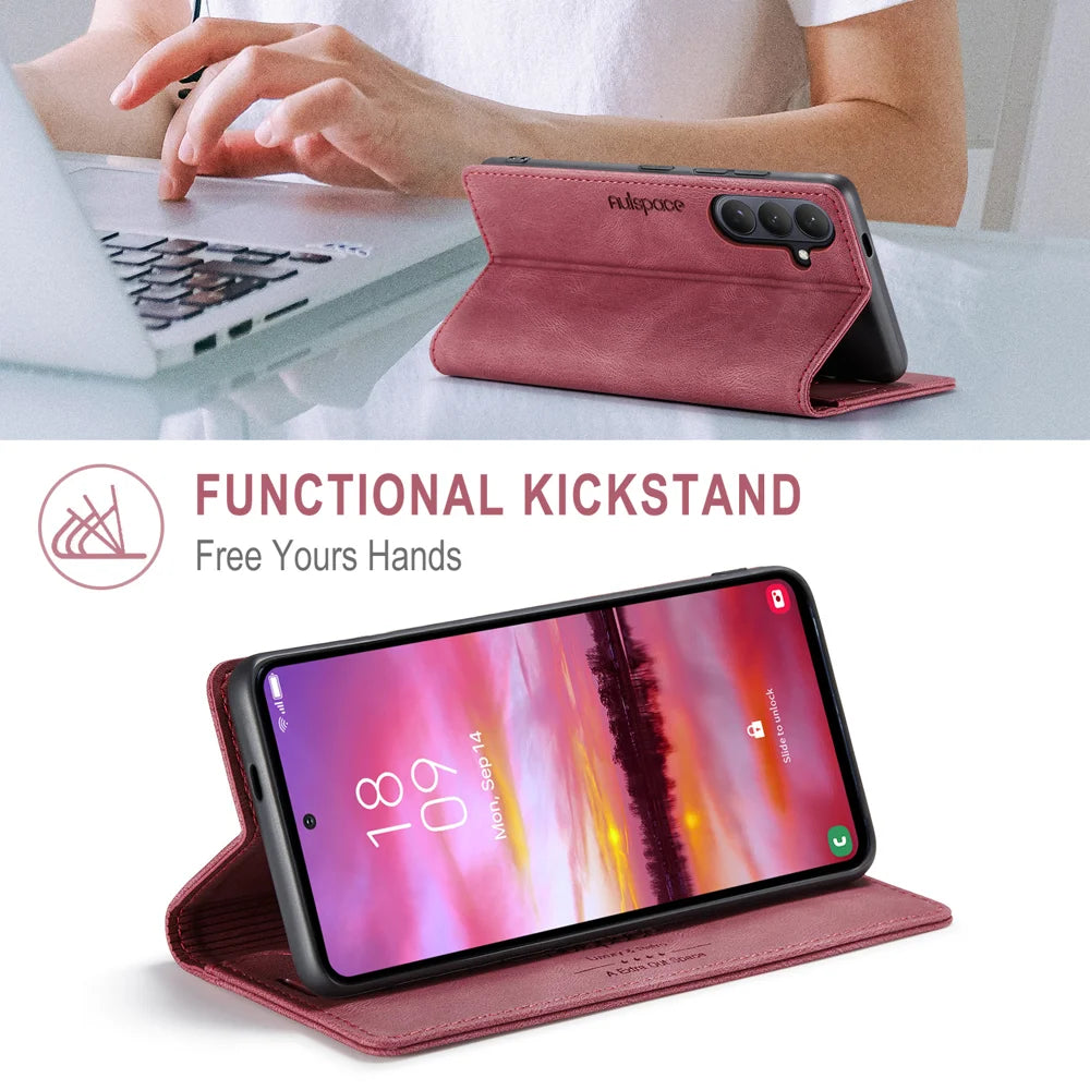 AUTSPACE for Samsung Galaxy S26+ Wallet Case  A01 Leather Stand Cover with RFID Blocking Card Holder - Wine Red - 2