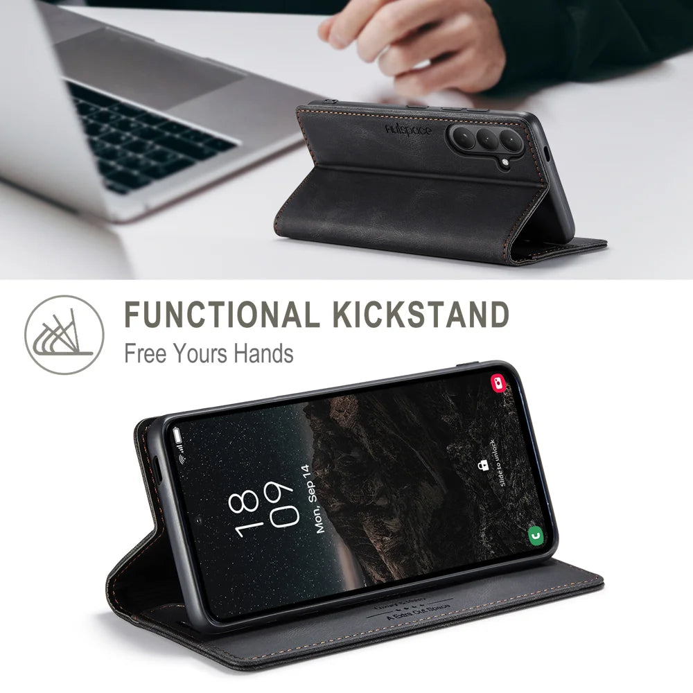 AUTSPACE for Samsung Galaxy A57 5G Wallet Case  A01 Leather Stand Cover with RFID Blocking Card Holder - Black - 2