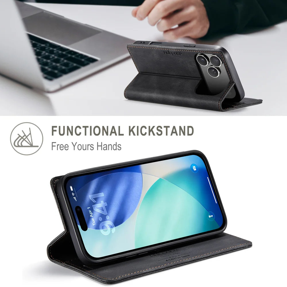 AUTSPACE for iPhone 17 Pro Max Wallet Case  A01 Leather Stand Cover with RFID Blocking Card Holder - Black - 2