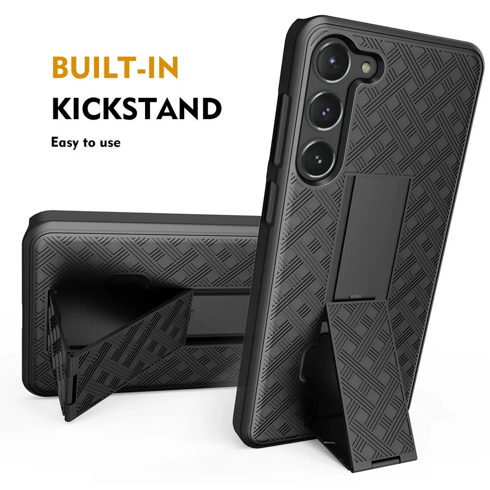 For Samsung Galaxy S23 Shockproof Woven Texture Clip Kickstand PC + TPU Case Sliding Screen Cover Phone Protector - 3