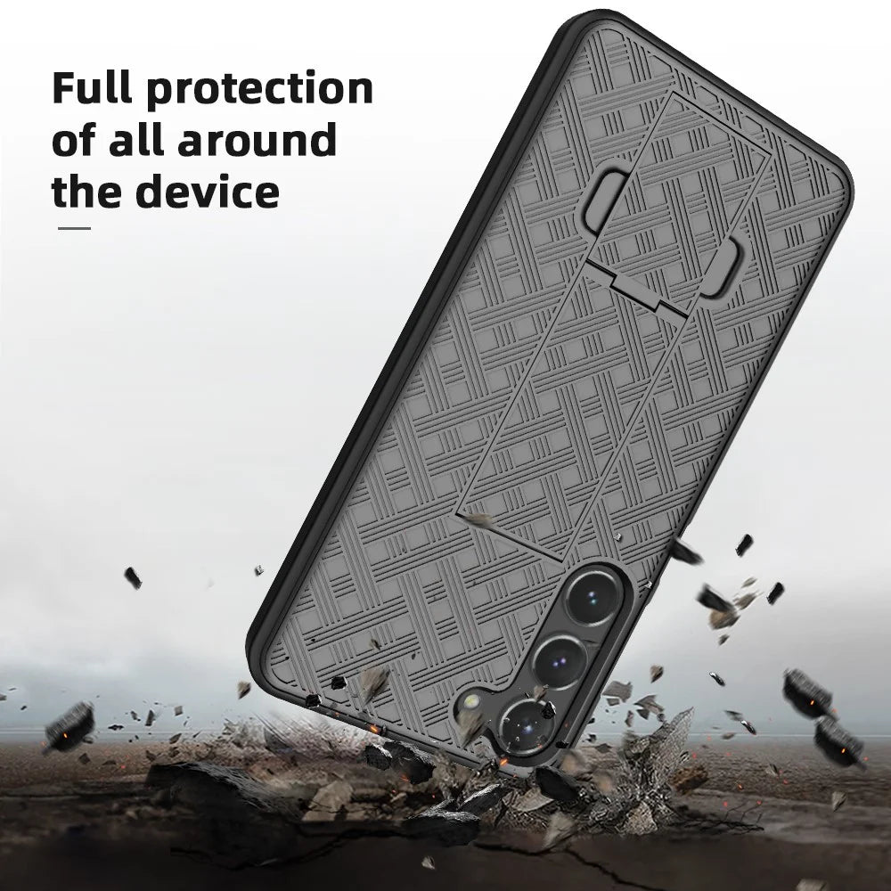 For Samsung Galaxy S23 Shockproof Woven Texture Clip Kickstand PC + TPU Case Sliding Screen Cover Phone Protector - 5