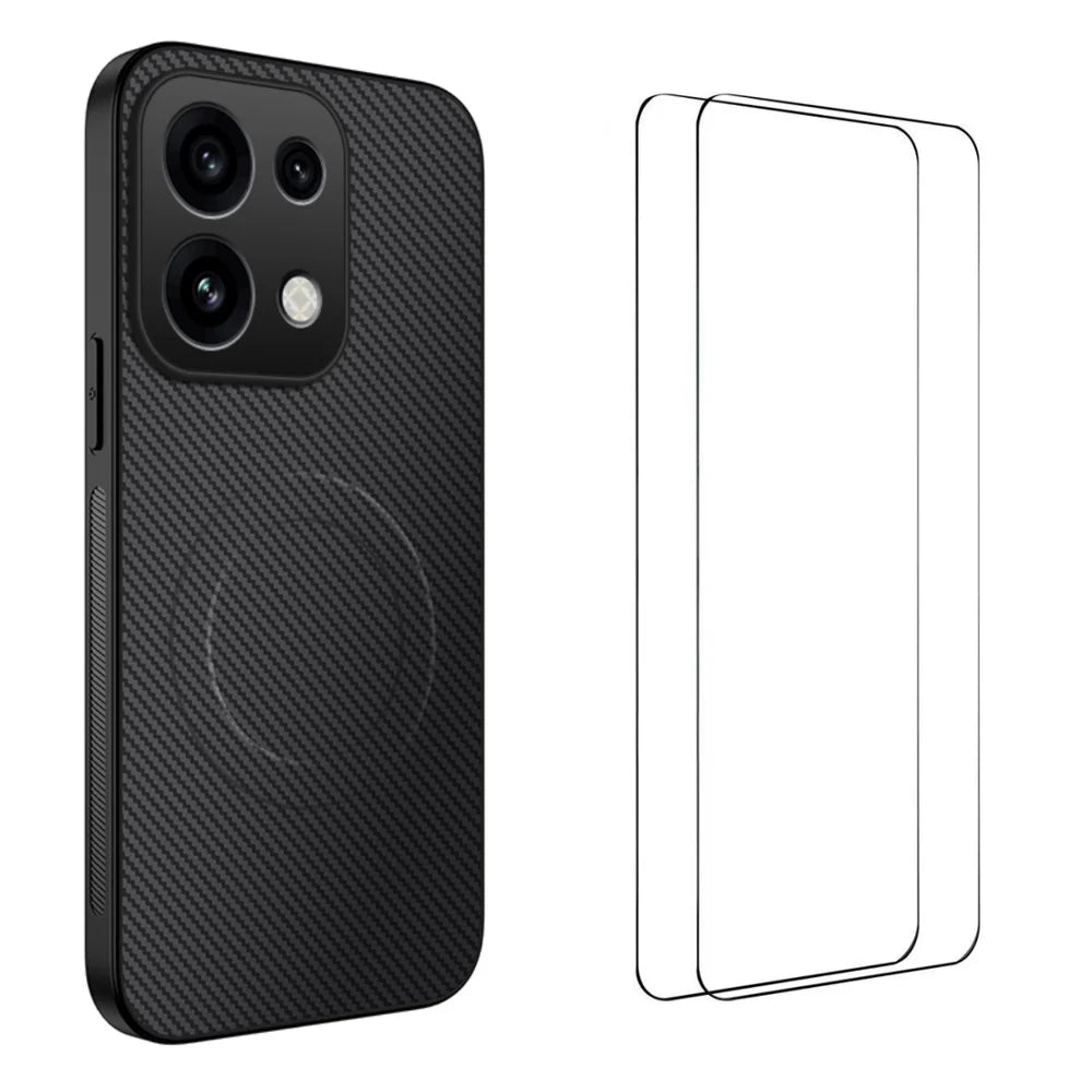 WANLONFENG for Oppo Reno16 5G (China) / Oppo Reno16 Pro 5G (Global) TQ1 Series Magnetic Case Carbon Fiber Texture PC TPU Phone Cover with 2Pcs Screen Films - Black - 1