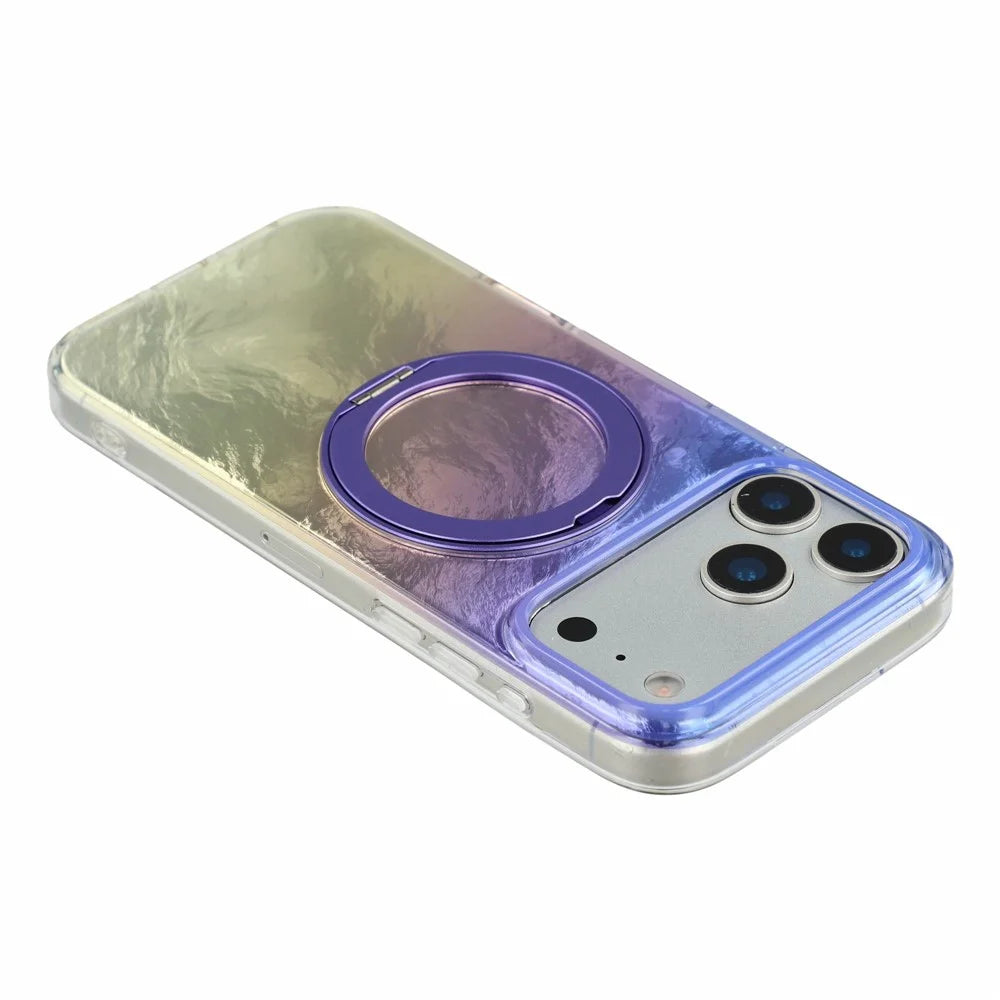 For iPhone 17 Pro Max Case Rotating Ring Kickstand Aurora Gradient TPU Shockproof Phone Cover - Aurora Purple - 6