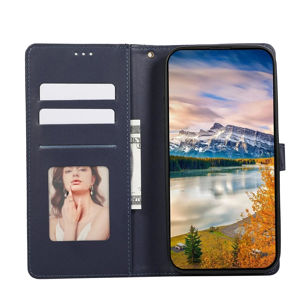 For Samsung Galaxy S26 FE Case Splicing Imprinted Rhombus Leather Phone Cover with Wrist Strap - Blue - 2