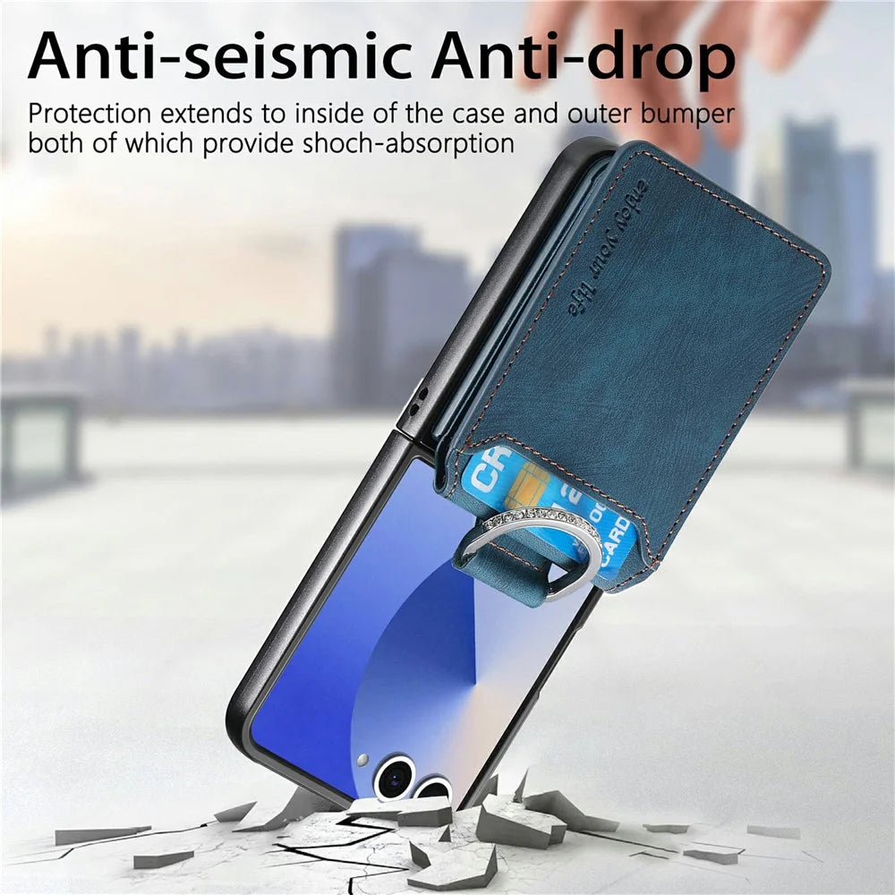 For Samsung Galaxy Z Flip8 Case Card Slots Kickstand PU Leather + PC Phone Cover with Rhinestone Ring Holder - Blue - 6