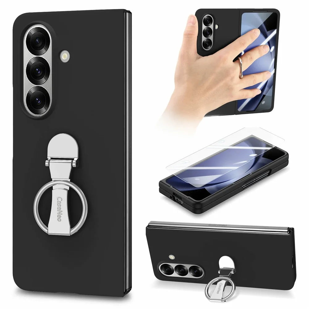 CASENEO for Samsung Galaxy Z Fold7 5G Case Ring Kickstand Skin-feel PC Phone Cover with Screen Protector - Black - 1
