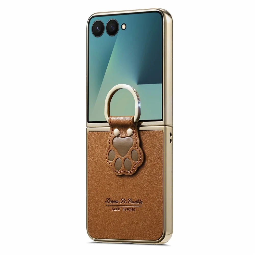 For Samsung Galaxy Z Flip7 5G Case Cat Paw Design Ring Kickstand Leather Phone Back Cover - Brown - 2