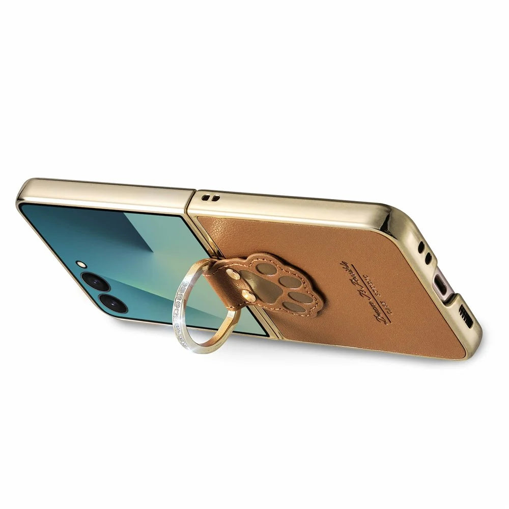 For Samsung Galaxy Z Flip7 5G Case Cat Paw Design Ring Kickstand Leather Phone Back Cover - Brown - 3