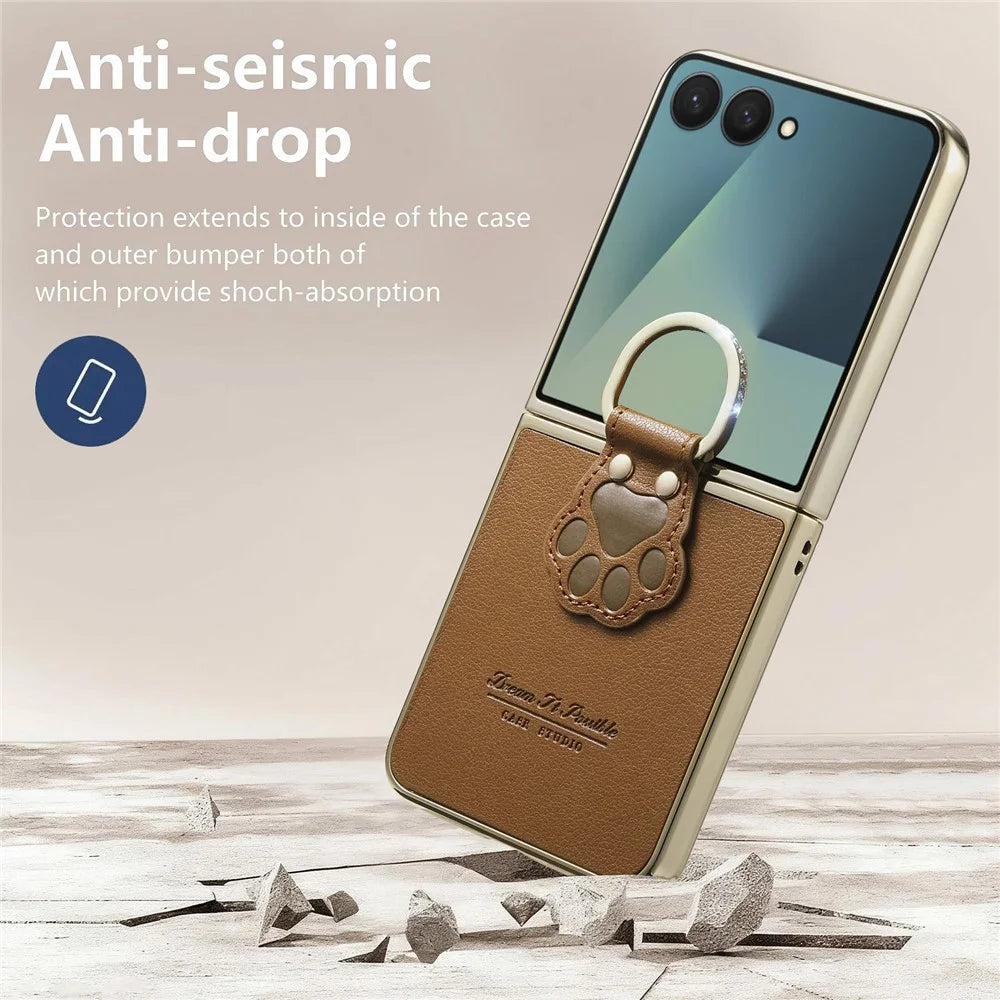 For Samsung Galaxy Z Flip7 5G Case Cat Paw Design Ring Kickstand Leather Phone Back Cover - Brown - 7