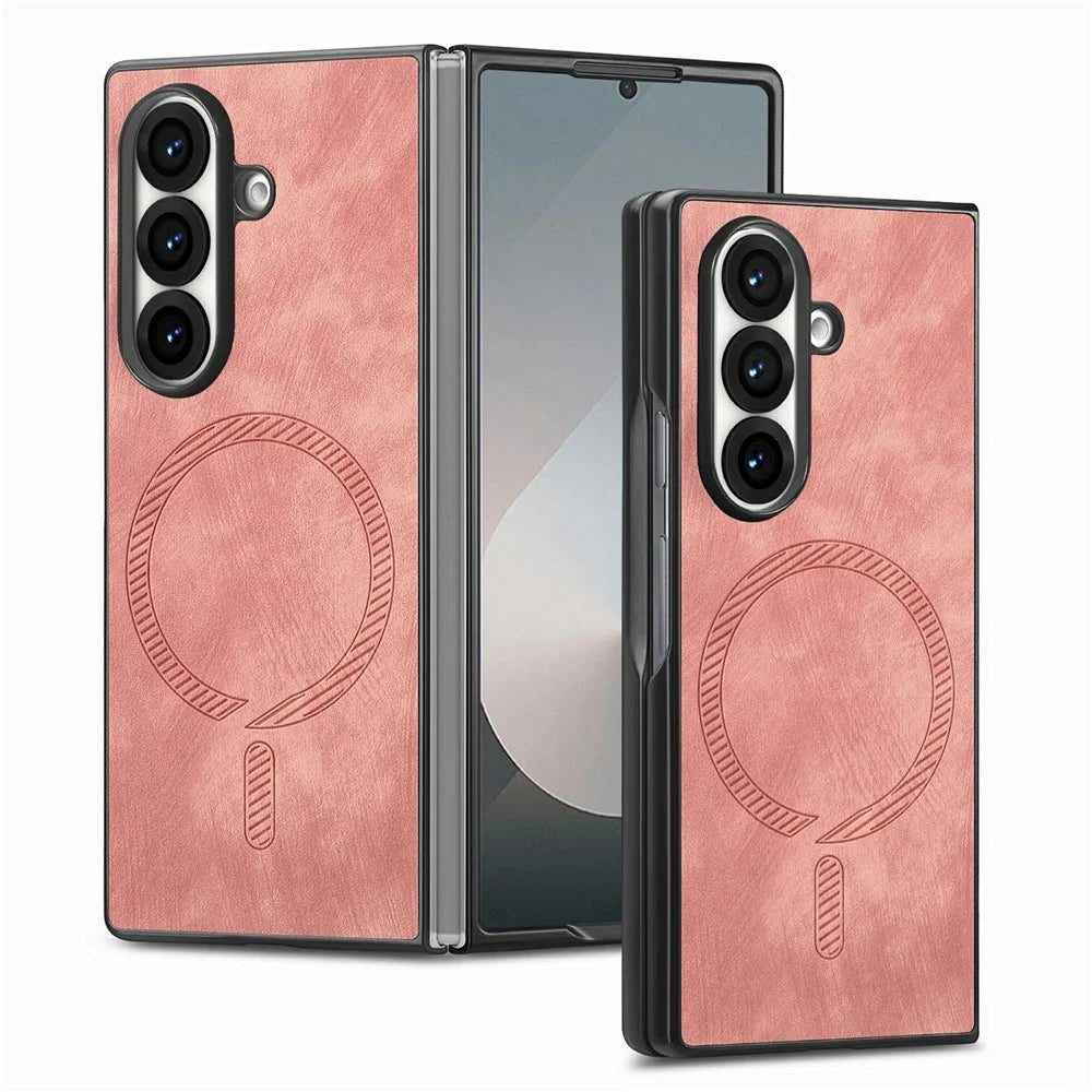 For Samsung Galaxy Z Fold7 5G Magnetic Case Vintage Leather + PC Protective Phone Cover - Pink - 1