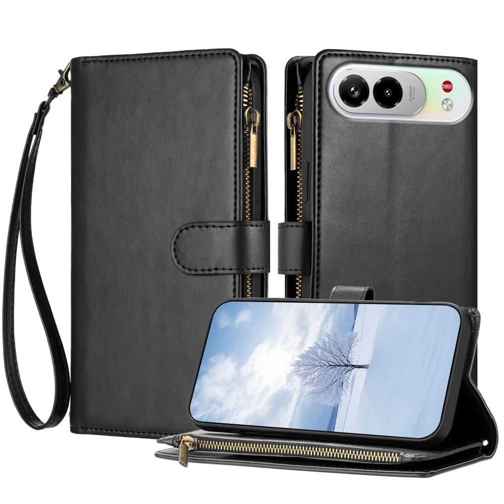 For ZTE nubia Air Pro 5G Leather Case Zipper Wallet Stand Shockproof Phone Cover with Wrist Strap - Black - 1