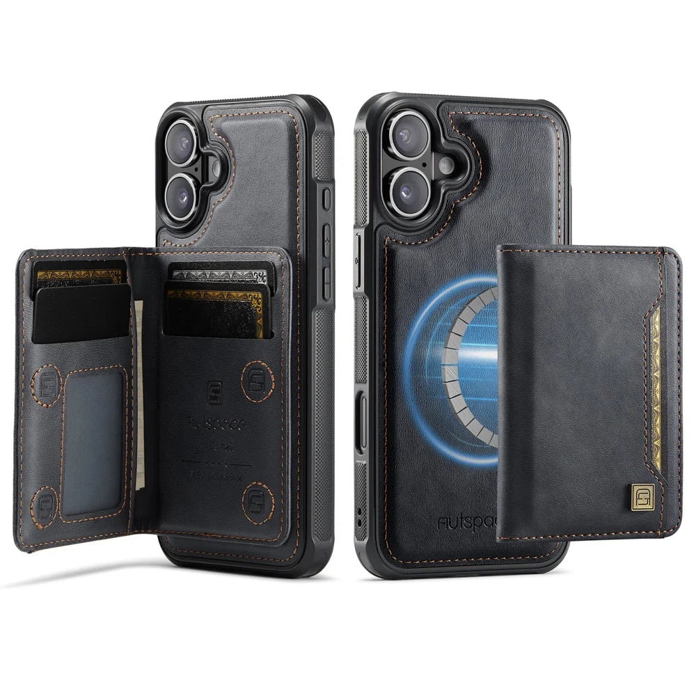 AUTSPACE for iPhone 17 Case  A13 Vintage Leather Back Cover with Magnetic Detachable Card Bag - Black - 1