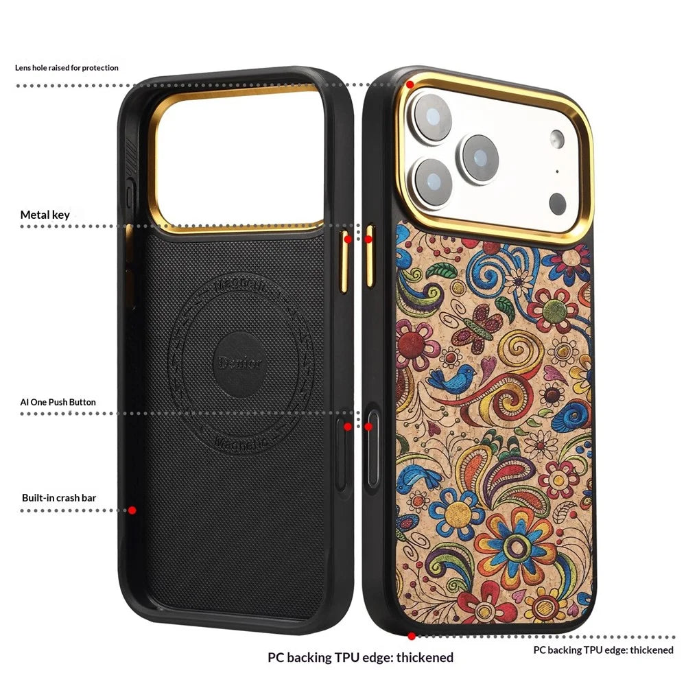 DENIOR A28+1 For iPhone 17 Pro Magnetic Case with Golden Lens Frame Floral Embroidery Leather Back Phone Cover - Khaki - 4