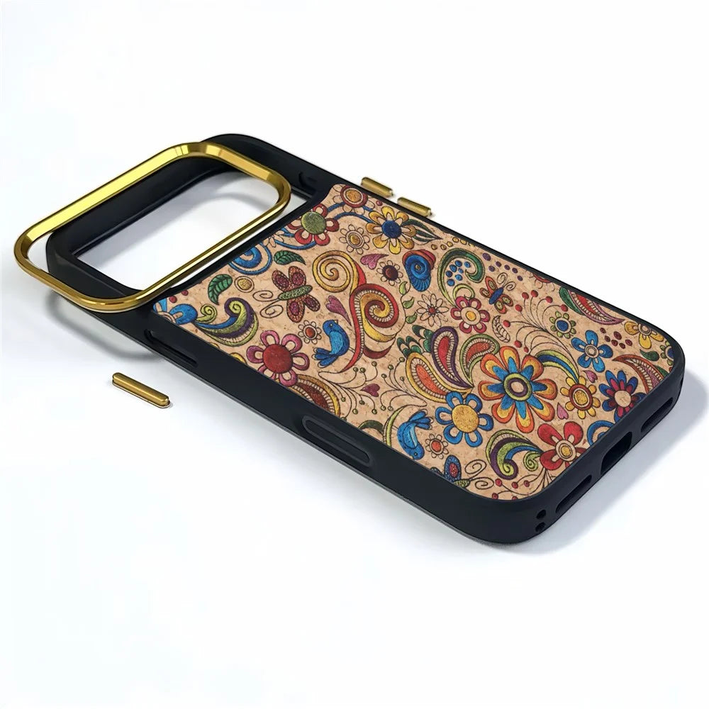DENIOR A28+1 For iPhone 17 Pro Magnetic Case with Golden Lens Frame Floral Embroidery Leather Back Phone Cover - Khaki - 5
