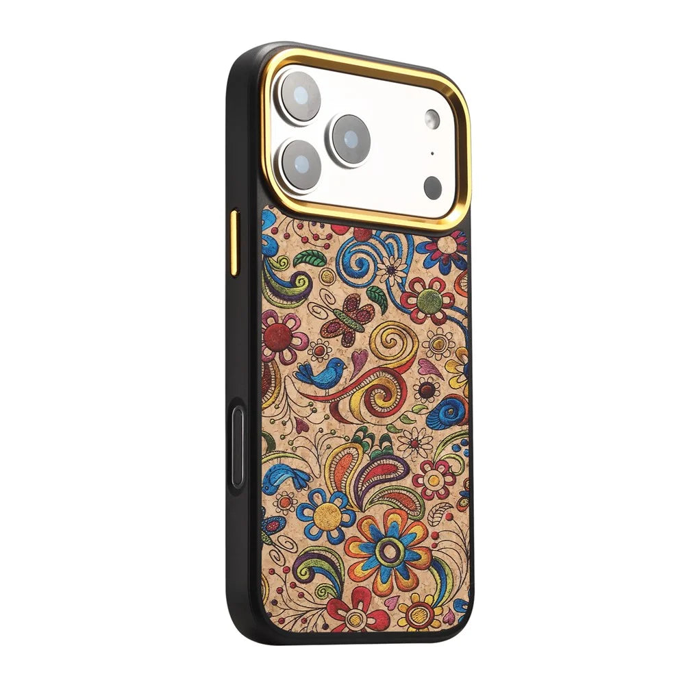 DENIOR A28+1 For iPhone 17 Pro Magnetic Case with Golden Lens Frame Floral Embroidery Leather Back Phone Cover - Khaki - 6