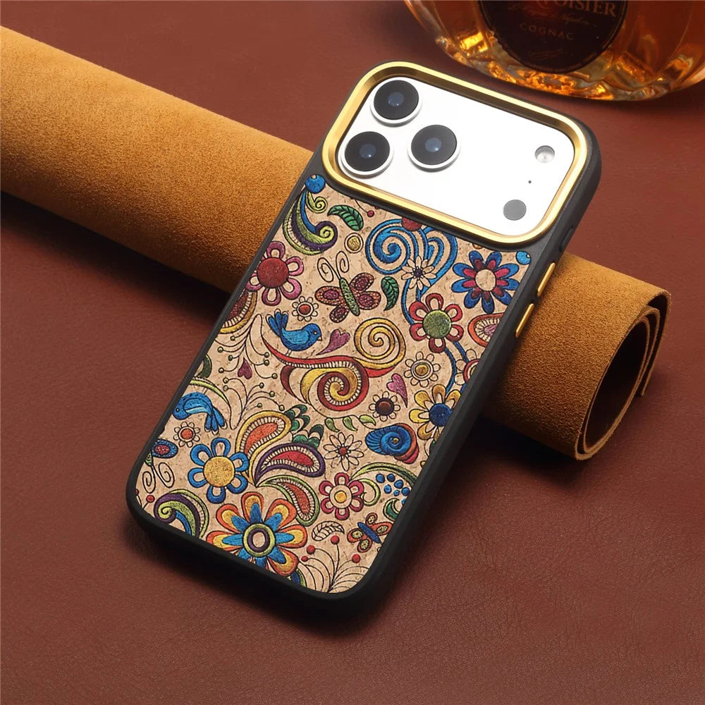 DENIOR A28+1 For iPhone 17 Pro Max Magnetic Case with Golden Lens Frame Floral Embroidery Leather Back Phone Cover - Khaki - 7