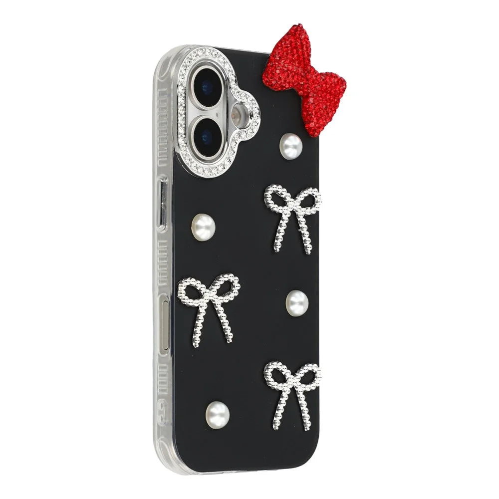 For iPhone 17 Case Pearl Bow Decor PC + TPU IMD Phone Cover with Rhinestone Camera Ring - Classic Black - 2