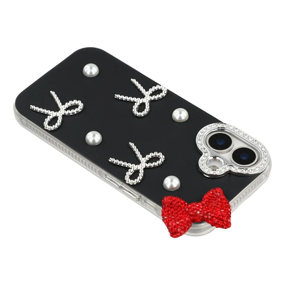 For iPhone 17 Case Pearl Bow Decor PC + TPU IMD Phone Cover with Rhinestone Camera Ring - Classic Black - 3