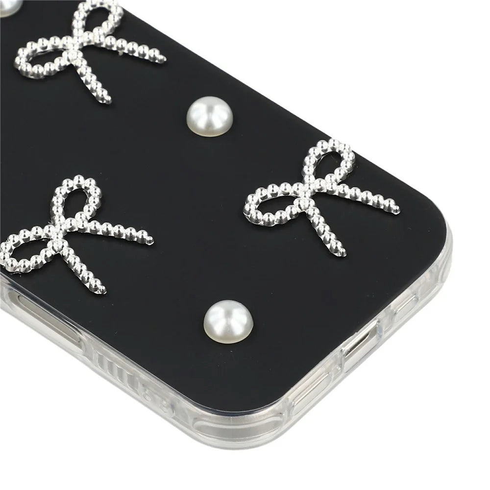 For iPhone 17 Case Pearl Bow Decor PC + TPU IMD Phone Cover with Rhinestone Camera Ring - Classic Black - 5
