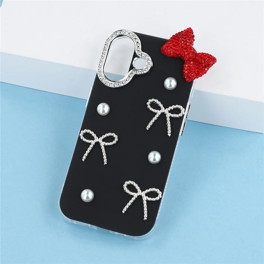 For iPhone 17 Case Pearl Bow Decor PC + TPU IMD Phone Cover with Rhinestone Camera Ring - Classic Black - 6
