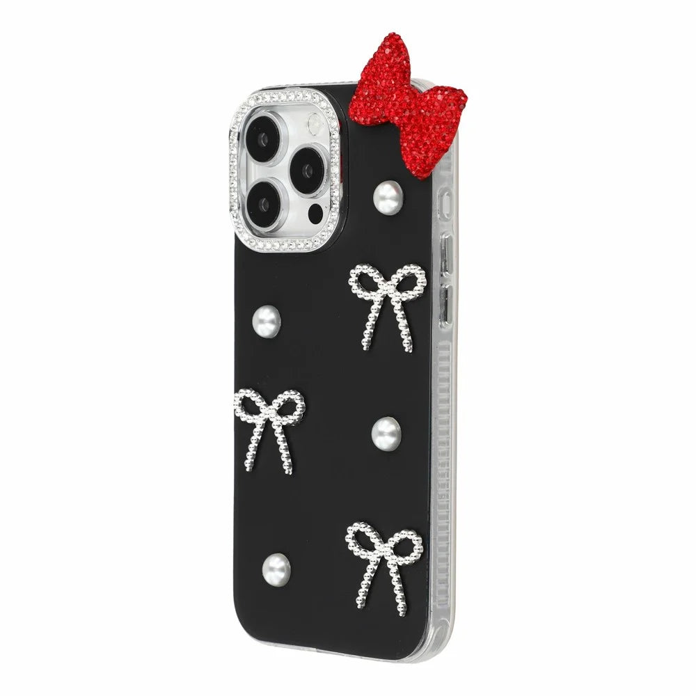 For iPhone 16 Pro Max Case Pearl Bow Decor PC + TPU IMD Phone Cover with Rhinestone Camera Ring - Classic Black - 3