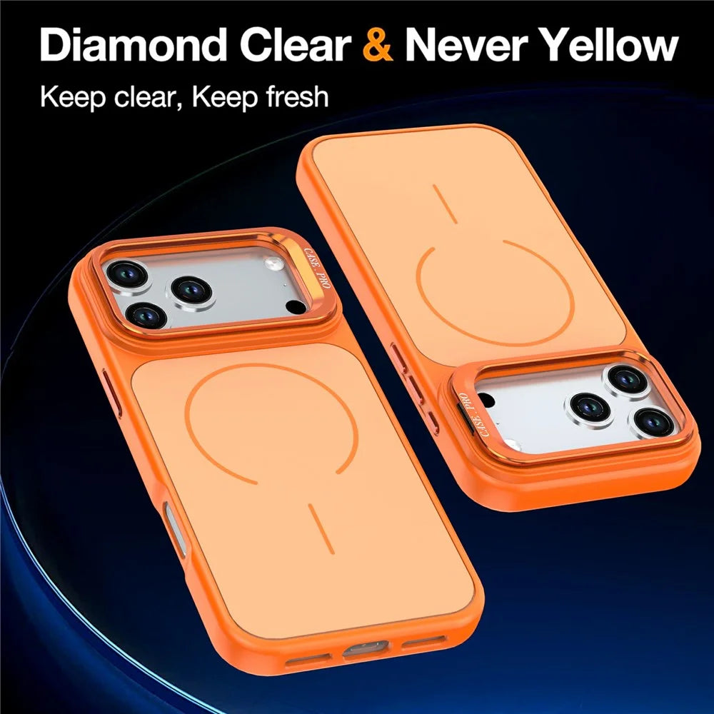 For iPhone 18 Pro / 17 Pro Case Skin-touch PC + TPU Magnetic Phone Cover with Lens Frame Kickstand - Orange - 3