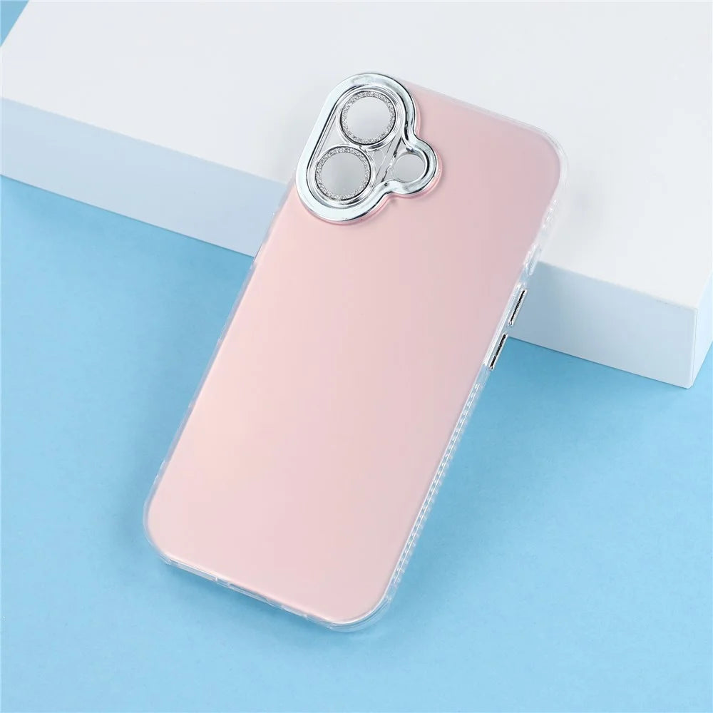 For iPhone 16 Case PC + TPU IMD Phone Cover with Electroplated Camera Frame - Cherry Blossom Pink - 5